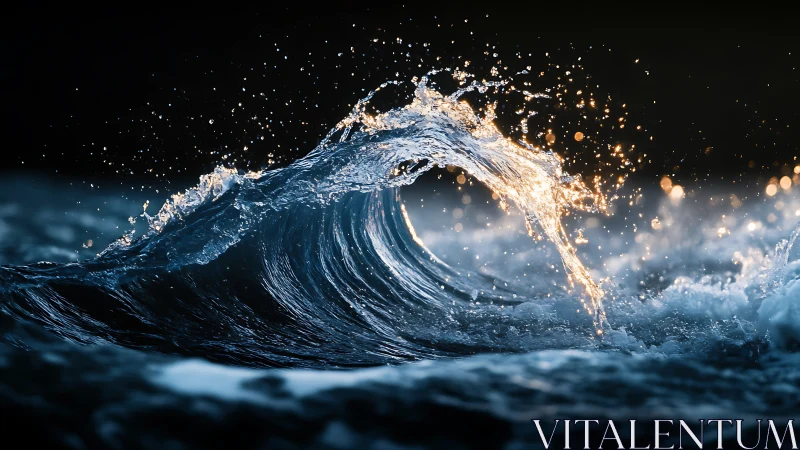 Cresting ocean wave with golden backlight and dynamic spray.