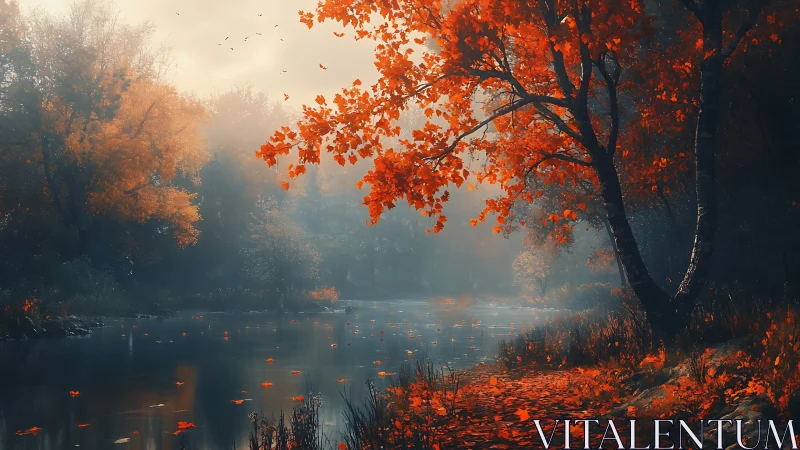 Autumn riverbank under fiery foliage and soft morning mist.