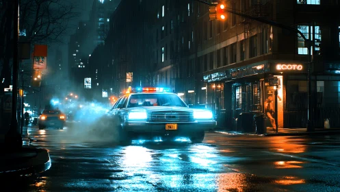 Neon-illuminated patrol sedan in rain-soaked urban intersection.