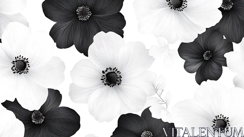 Black and White Floral Pattern. Botanical Contrast Study.