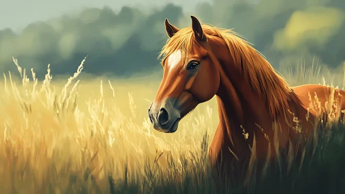 Chestnut horse rendered with soft-focus depth in sunlit grassland