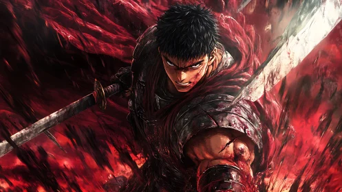 Battle-hardened warrior surges forward through a crimson storm