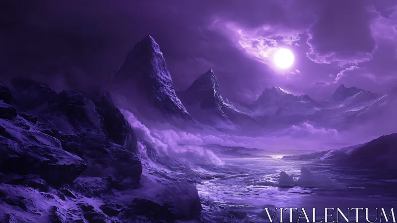 Lunar-illuminated glacial valley under monochromatic violet haze