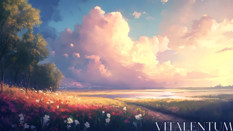 Sunlit meadow path under luminous sunset cloudscape.