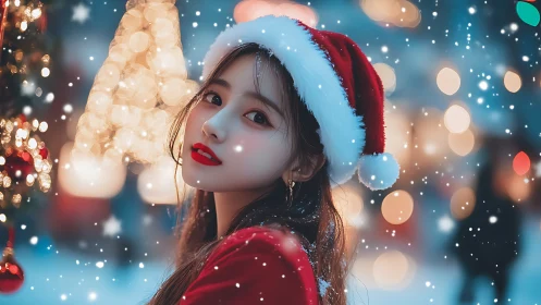 Snowlit holiday muse in scarlet Santa velvet and bokeh glow.