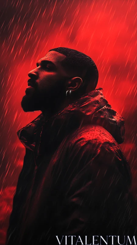 Man in profile stands in heavy rain under intense red light