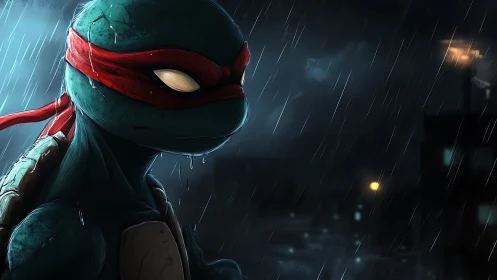 Brooding turtle warrior under rainlit urban nightfall.
