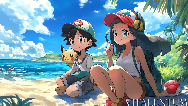 Youthful trainers relax on tropical shoreline in anime style.