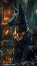 Regal jackal guardian watches over ancient ruins at dusk.