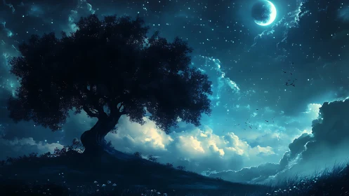 Moonlit dreamtree guards a starlit meadow of quiet wonders.