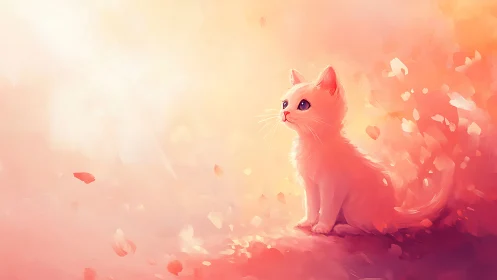White Cat in Warm Orange and Pink Gradient Landscape