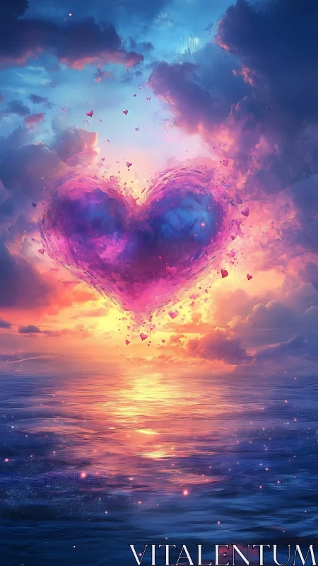 Luminescent Heart Form Suspended Within Volumetric Cloud Atmosphere.