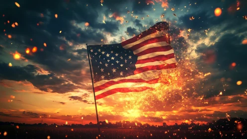Blazing American flag ignites the sky in sunset embers.
