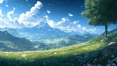 Sunlit alpine valley stretches below distant snow peak