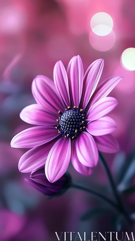 Lavender daisy pirouettes through dreamy violet bokeh light