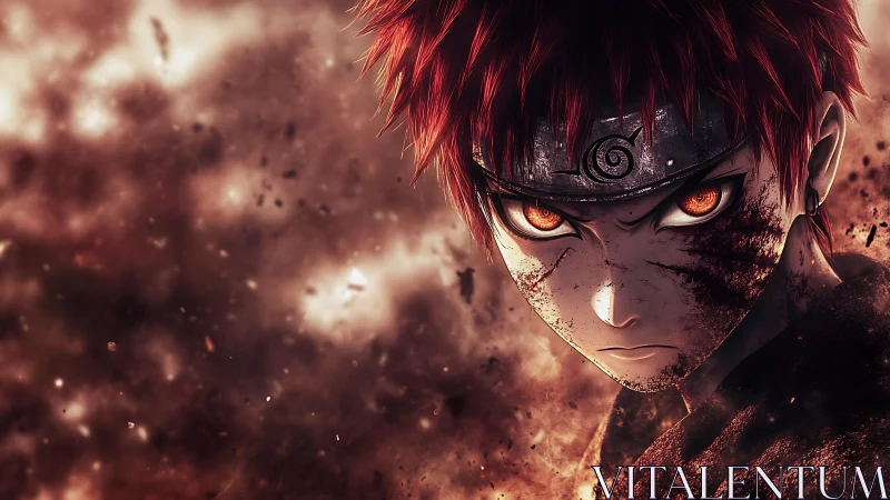 Blazing eyed warrior emerges from storm of burning dust.