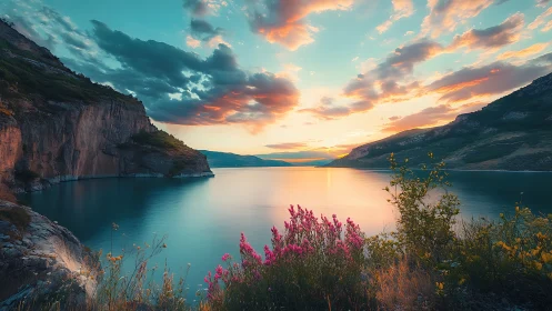 Mountain lake shoreline with sunset sky and foreground flowers.