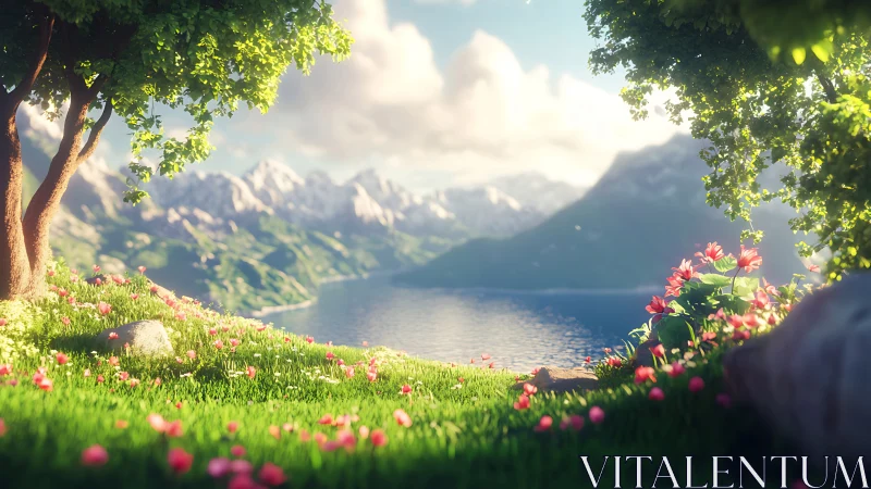 3D alpine lakeside meadow with luminous depth of field rendering.