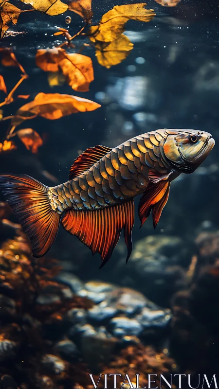 Golden arowana glides through deep blue aquatic foliage.