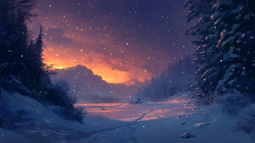 Snowy forest valley under glowing orange winter sunset sky