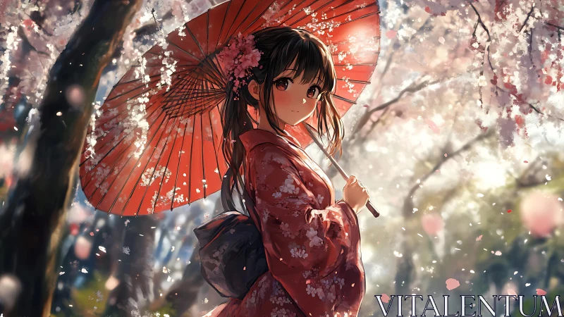Girl under red parasol strolling through soft spring blossom.