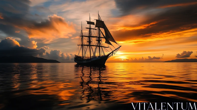 Sunlit tall ship drifting through molten evening waters.