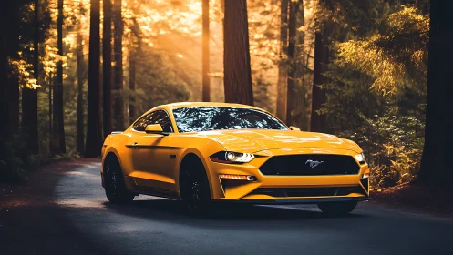 Yellow sports coupe glows under warm forest sunset light