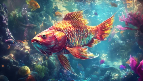 Vibrant golden fish swimming in colorful coral reef scene.