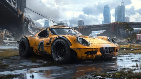 Rust kissed racer dreams beneath a drowned megacity sky.