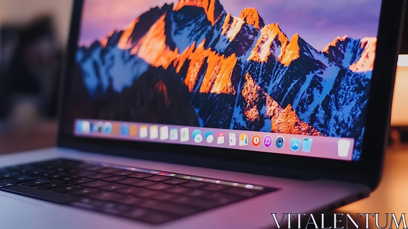 Laptop screen glows with vivid mountain sunset wallpaper.
