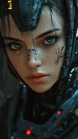 Close cybernetic portrait of focused female android face.