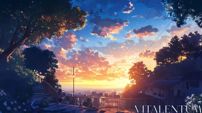 Anime hillside overlook captures luminous city sunset panorama