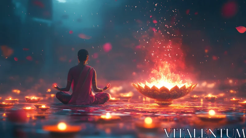 Meditating figure faces lotus-shaped fire bowl amid floating lamps