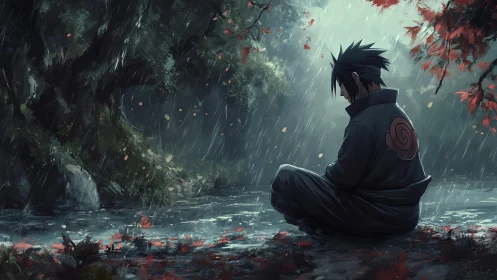 Solitary shinobi meditating beside rain‑streaked forest stream.