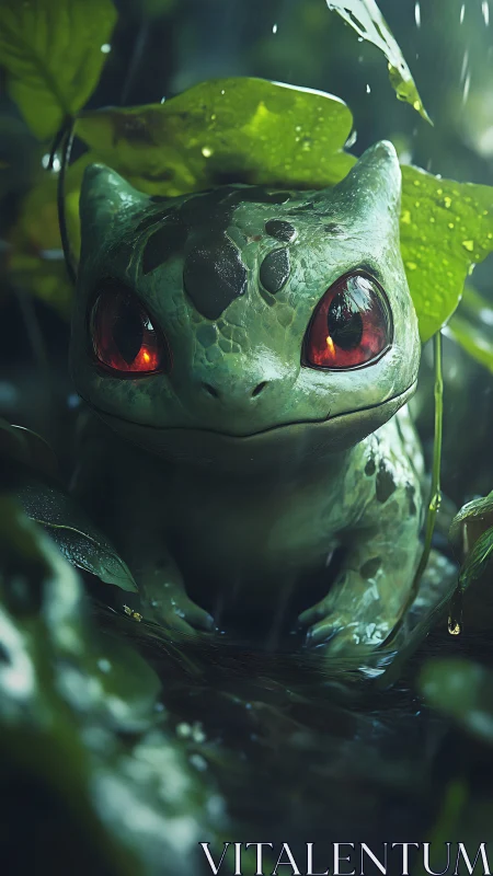 Small green creature in rain-soaked forest setting.