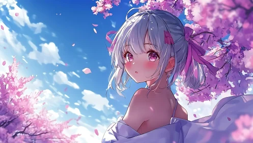 Anime girl stands among cherry blossoms under clear sky