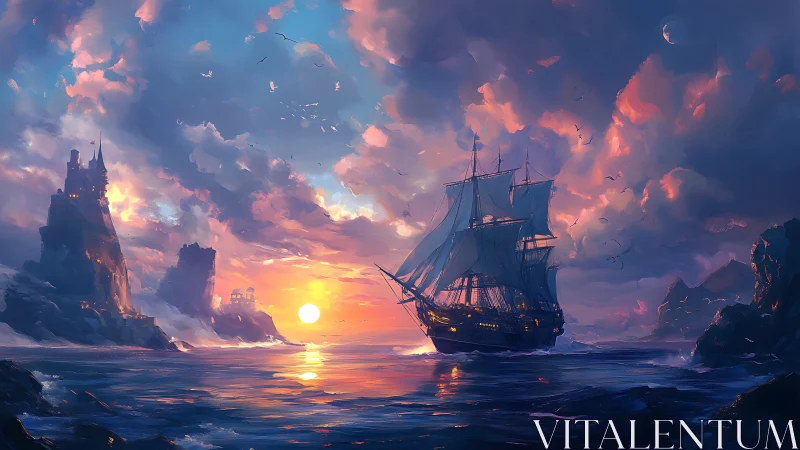 Sunlit galleon drifting toward painted twilight shores.