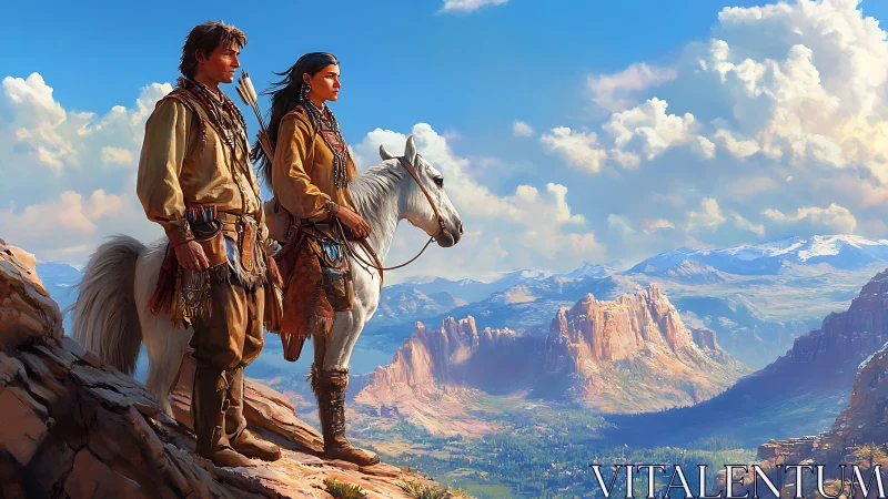 Riders survey vast canyon landscape beneath bright skies.