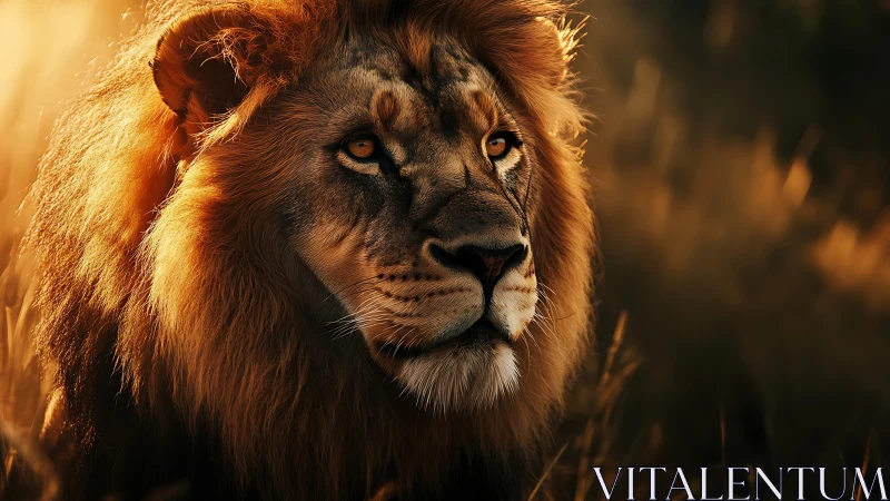 Backlit male lion rendered in warm, shallow-depth bokeh field