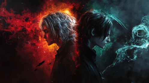 Two male figures contrasted by red fire and blue smoke.