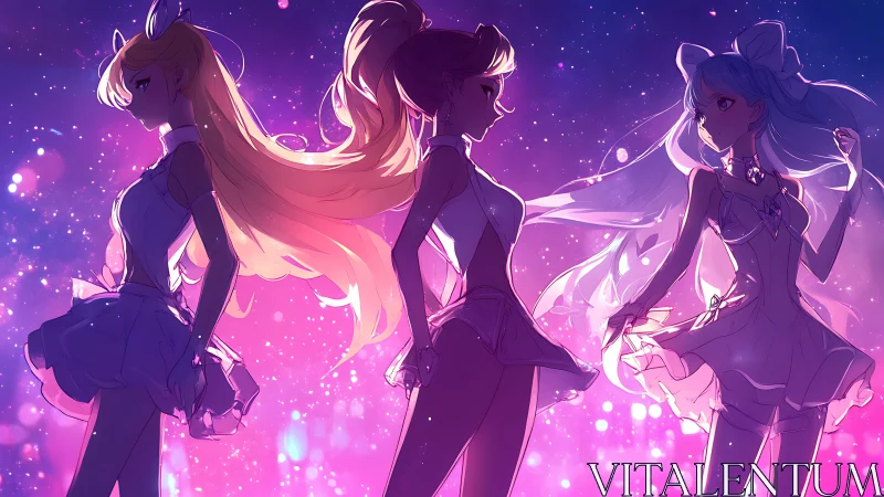 Starlit anime idols sharing a magical pastel stage moment.