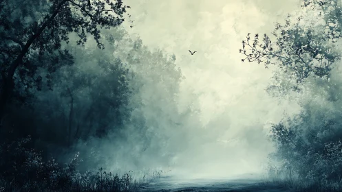 Misty forest path opens into pale, dreamlike morning light