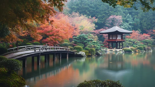 Japanese garden pond with arched bridge and lakeside pavilion.
