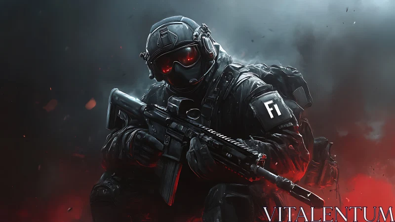 Tactical operator in red fog with high-spec combat gear.