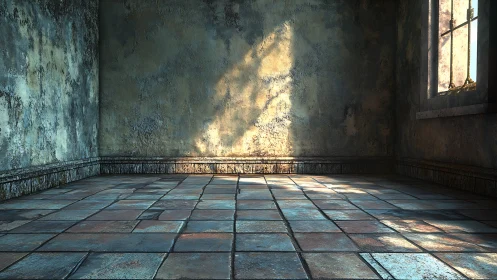 Sunlit empty room with worn walls and tiled floor interior.