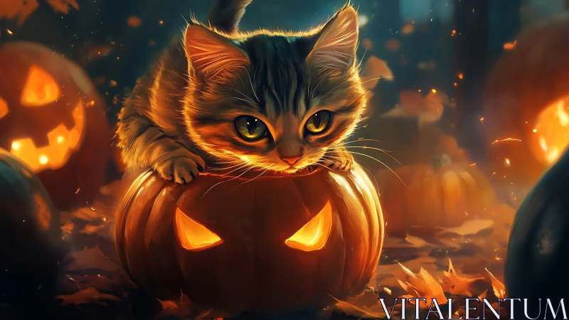 Halloween Cat in Glowing Pumpkin with Mystical Fire.