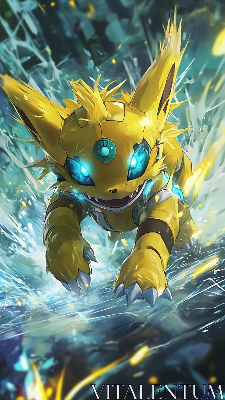 Electric cyber fox sprints forward with glowing blue eyes