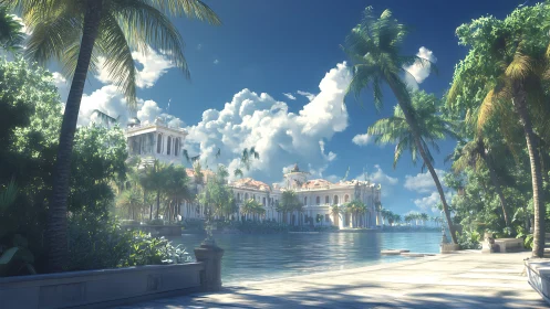 Neoclassical Waterfront Architecture Rendered with High Dynamic Range Lighting and Tropical Vegetati