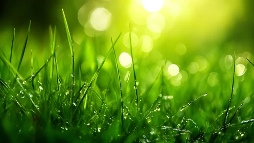 Dewlit grass blades bask in a glowing emerald sunrise dream.