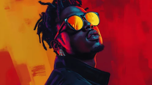 Digital painting portrait with neon gradients and reflective shades.